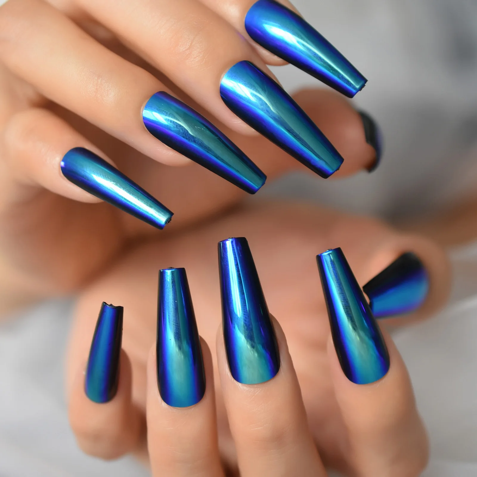 Fake Nails with Designs Mirror Blue Coffin Artificial Press on False Nails Set for Women Girl Nail Art Tools Accessories