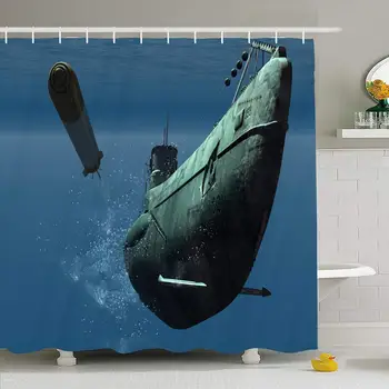 

Shower Curtain Set with Hooks 72x72 Submarine Under Metal Battle Service Water History Sailing Transportation Fight Industrial