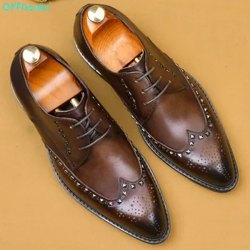 

2019 New Genuine Leather Men's Dress Shoes Handmade Office Business Wedding Luxury Lace Up Rivets Formal Oxfords Mens Shoes