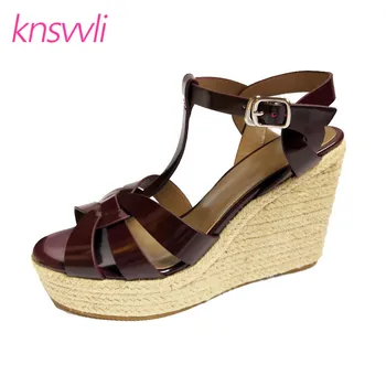 

Wine Red Leather Platform Sandals Women T Strap Thick Sole Summer Shoes Woman Wedge High Heels Braided Designer Sandalias Mujer