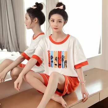 

Thin section ladies short-sleeved 100% cotton comfortable pajamas summer women cute printed pajamas O-neck home service