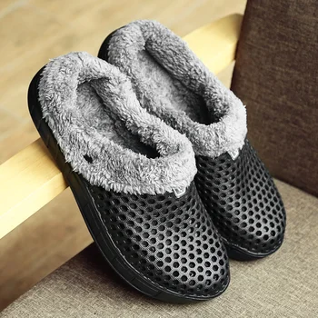 

WEH Men Slippers Winter Couples Plush Cotton Warm Women Slippers Mules Clogs Shoes Hollow Slippers Chaussures De Coton