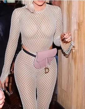 

Casual Jumpsuit 2019 Summer O-neck Mesh Hollow Out Bodycon Stretch Bandage Jumpsuit High Quality White Plait Women Jumpsuits