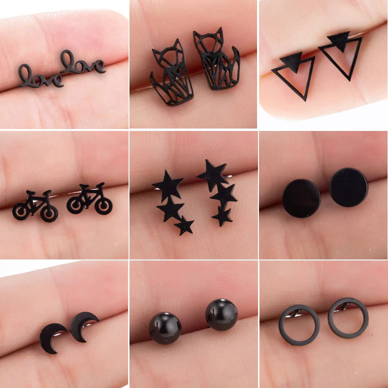 Earrings Gift Fashion Jewelry Stainless-Steel Hip-Hop Geoemetric Friend Black Triangle