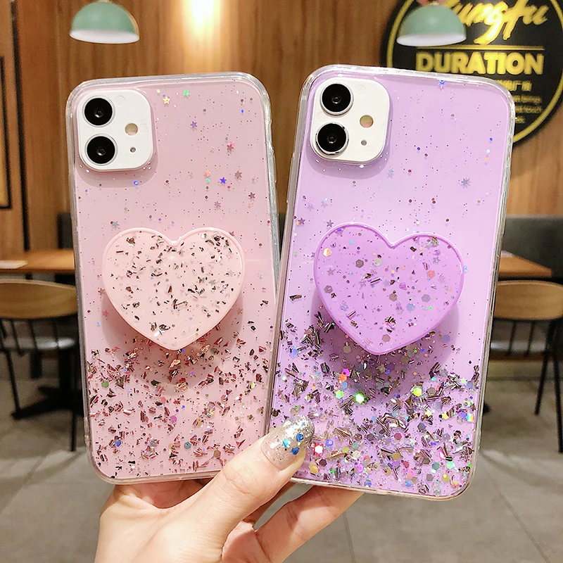 Фиолетовый Блестящий чехол для телефона с подставкой в форме сердца iPhone 11 Pro Max