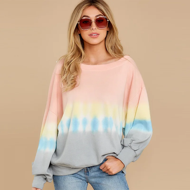 

Autumn and Winter New Gradient Hoodie Casual Tie-dye Printing O-neck Batwing Long-sleeved Pullover Top Retro Loose Sweatshirt