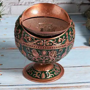 

Miniatures Retro Ashtray with Cover Zinc Alloy Innovative Green-Bird-Pattern Globe-Shape Craft Gift Home Decoration