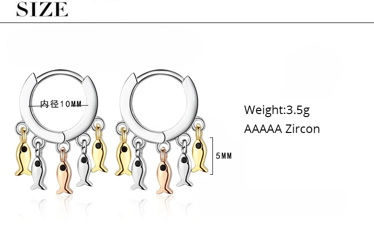 Милая кисточка, 3 цвета, розовое золото, рыба, Висячие женские серьги-кольца, серебро 925 пробы, для девочек, круглые ювелирные аксессуары для ушей, кольца