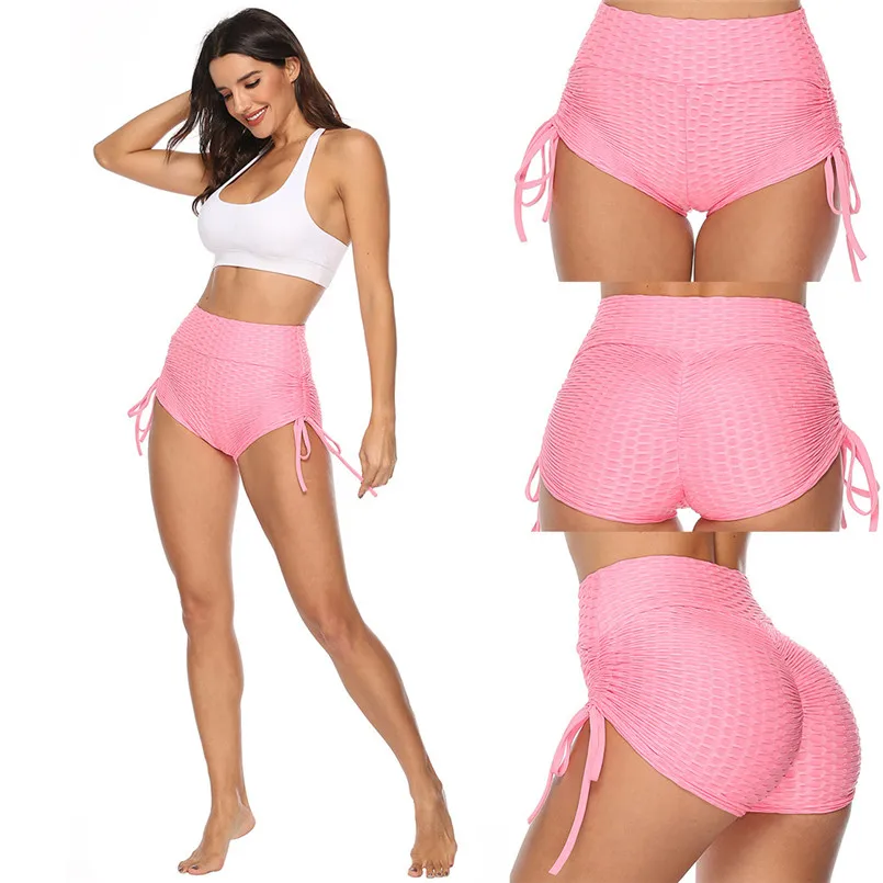 Women Solid Hot Pants Tight Stretchy Sports Cloths Fitness Elastic Side Drawstring Fit High Waist Workout Bowknot Shorts chino shorts Shorts