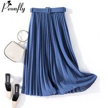 PEONFLY, корейский стиль, мода, Весенние длинные плиссированные юбки для женщин с поясом, трапециевидная юбка с высокой талией, женская синяя юбка