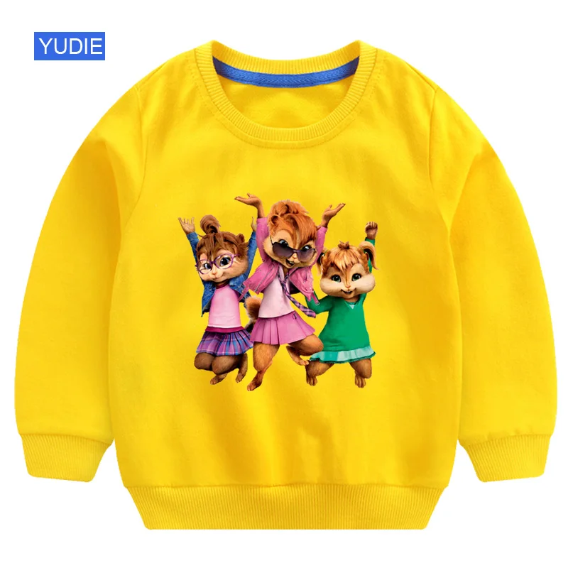 sweatshirt yellow Свитшоты для девочек; толстовка с капюшоном для маленьких девочек; осенняя одежда для детей 3 лет с изображением Элвина и чипмункса; Детский свитер в Корейском стиле для девочек; осень г - Цвет: sweatshirt yellow