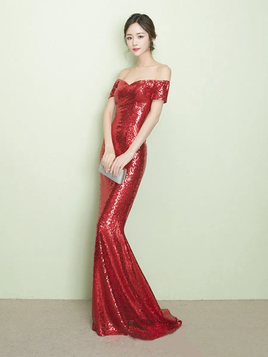 Вечернее платье Русалка с открытыми плечами Robe De Soiree F298 вечерние платья с вырезом лодочкой Новые Вечерние платья с блестками длиной до пола