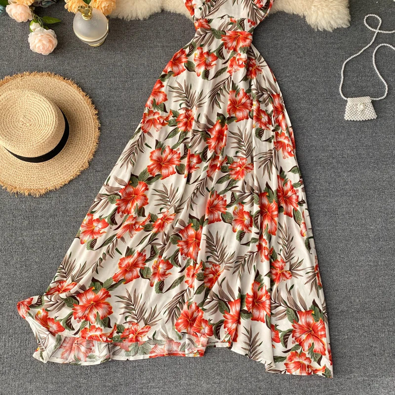 Neploe Sexy Open Back Bohemian Holiday Long Dress High Waist Hip Cross Design Print A Line Vestido V Neck Sleeveless Camis Ropa