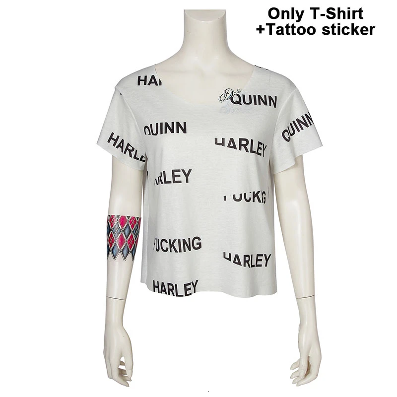 shirt with tattoo Маскарадный костюм с птицами, отряд самоубийц, Бэтмен, Харли Квинн, Маскарадные костюмы на Хэллоуин для взрослых женщин, сексуальная белая футболка - Цвет: shirt with tattoo