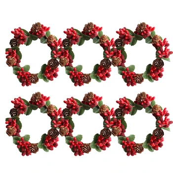 

6pcs Ornament Christmas Wreath Holiday Candle Rings Artificial Home Red Berry Tree Decoration DIY With Pine Cones Party Festival