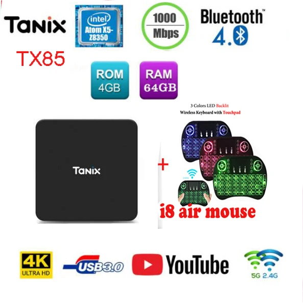 Мини-ПК TANIX TX85 Smart tv Box Wind ows 10 Intel Atom X5-Z8350 4 Гб 64 Гб 2,4 ГГц 5,8 ггц WiFi 1000 Мбит/с Bluetooth 4,0 телеприставка - Цвет: 4G 64G I8