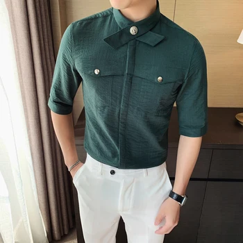 

Summer Men Dress Half Sleeve Shirt Yellow British Style Solid Color Shirt Slim Fit Men Casual Shirts Prom Club Tuxedo Dress 3XL