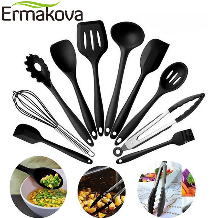 Скидка ERMAKOVA 10 шт. партия, набор силиконовой кухонной утвари, жаростойкий антипригарный набор кухонной посуды, набор силиконовых кухонных инструме...