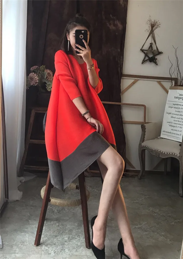 Повседневная складчатая одежда Miyake Fold лоскутное ТРАПЕЦИЕВИДНОЕ свободное платье Новая мода до колена три четверти рукав сплошное винтажное платье