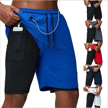 

New shorts men's 2020 summer multi-pocket invisible running shorts men's fashion headphone hole 2 in 1 sports quick-drying short