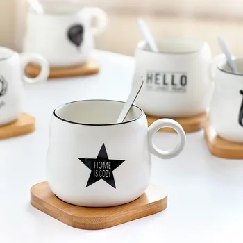 

Fashion Creative Simple Cartoon Style Bamboo Mat Breakfast Ceramic Mug with A Spoon Male and Female Students Use Tea Coffee Cups