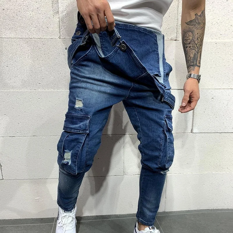 CYSINCOS Fashion Men Ripped Jeans Jumpsuits Hi Street Distressed Denim Bib Overalls Male Autumn Suspender Pants Size S-XXXL