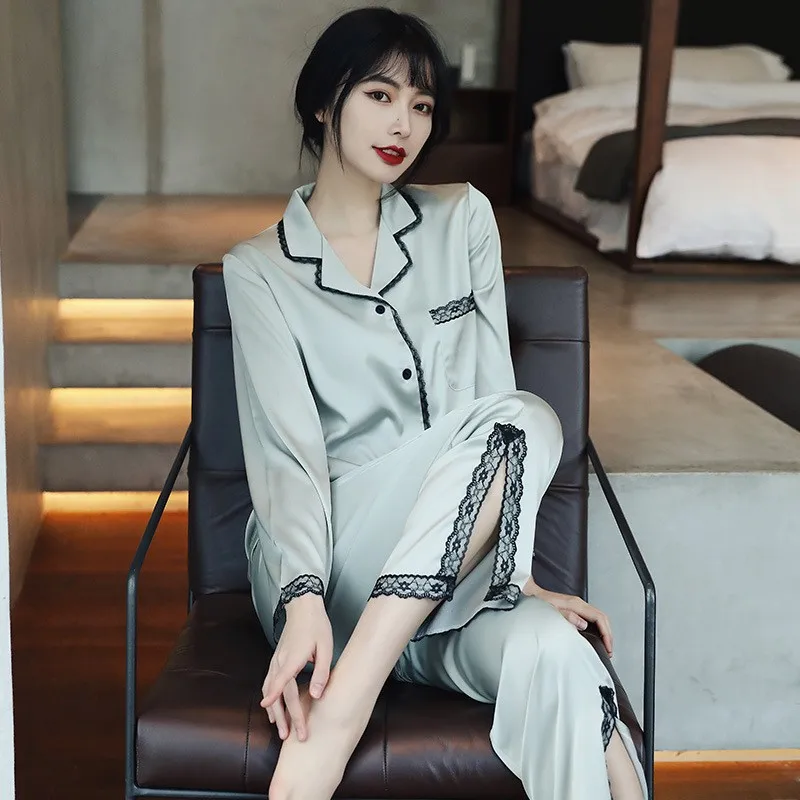 

Кружевная пижама Pj's, 2 шт., Женская атласная пижама, летняя Пижама, повседневное интимное нижнее белье, рубашка с длинным рукавом и штаны, одежда для отдыха