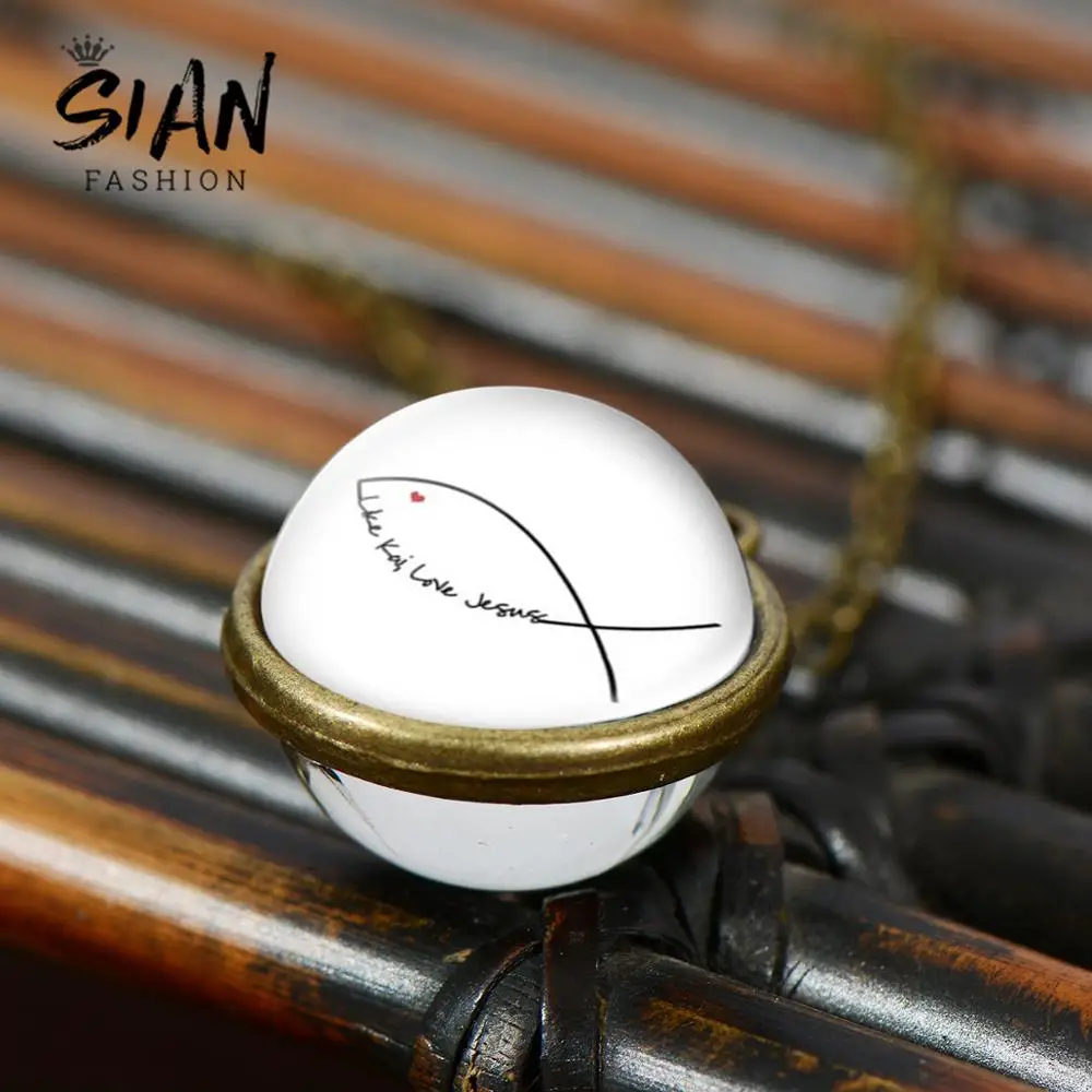 SIAN Jesus Fish Symbol Glass Ball Necklace Christian Gift Collection Cabochon Double Sided Pendant I Love Fashion Jewelry | Украшения и