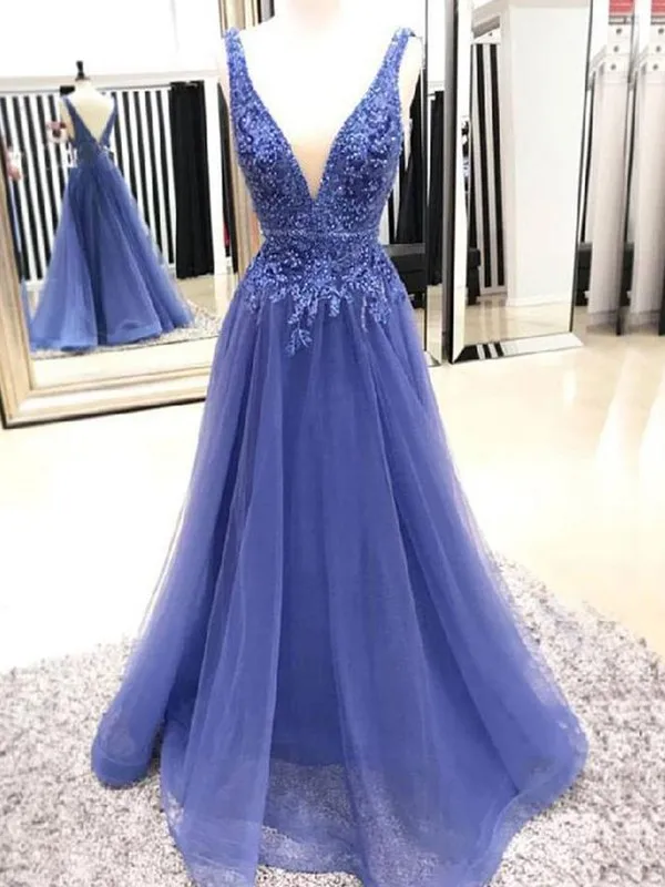 

A-Line/Princess V-neck Sleeveless Floor-Length Applique Tulle Dresses