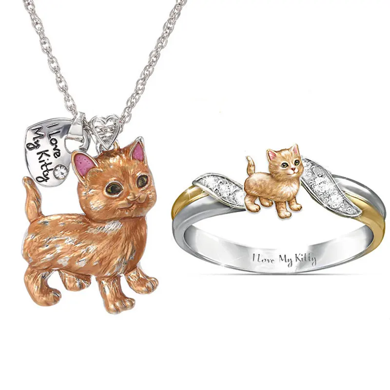 &quotI Love My Kitty&quot Cute Cat Jewelry Sets Cartoon Animal Necklace/Rings Sets&ampMore Statement Wedding Gifts | Украшения и