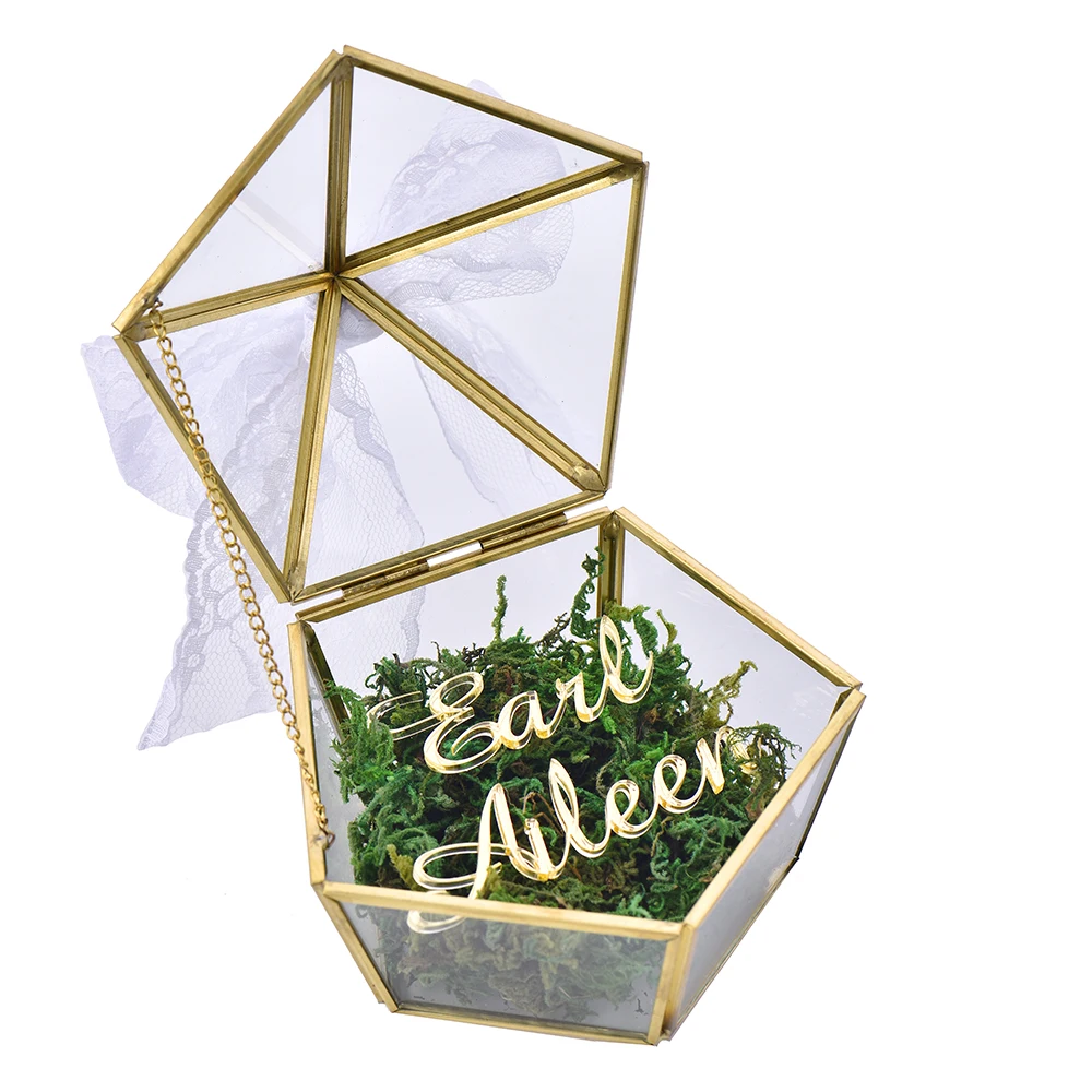 Personalized Engraved Name Wedding Glass Ring Box Pillow Jewelry Box Pentagon Geometric Copper Ring Holder Customized Favor