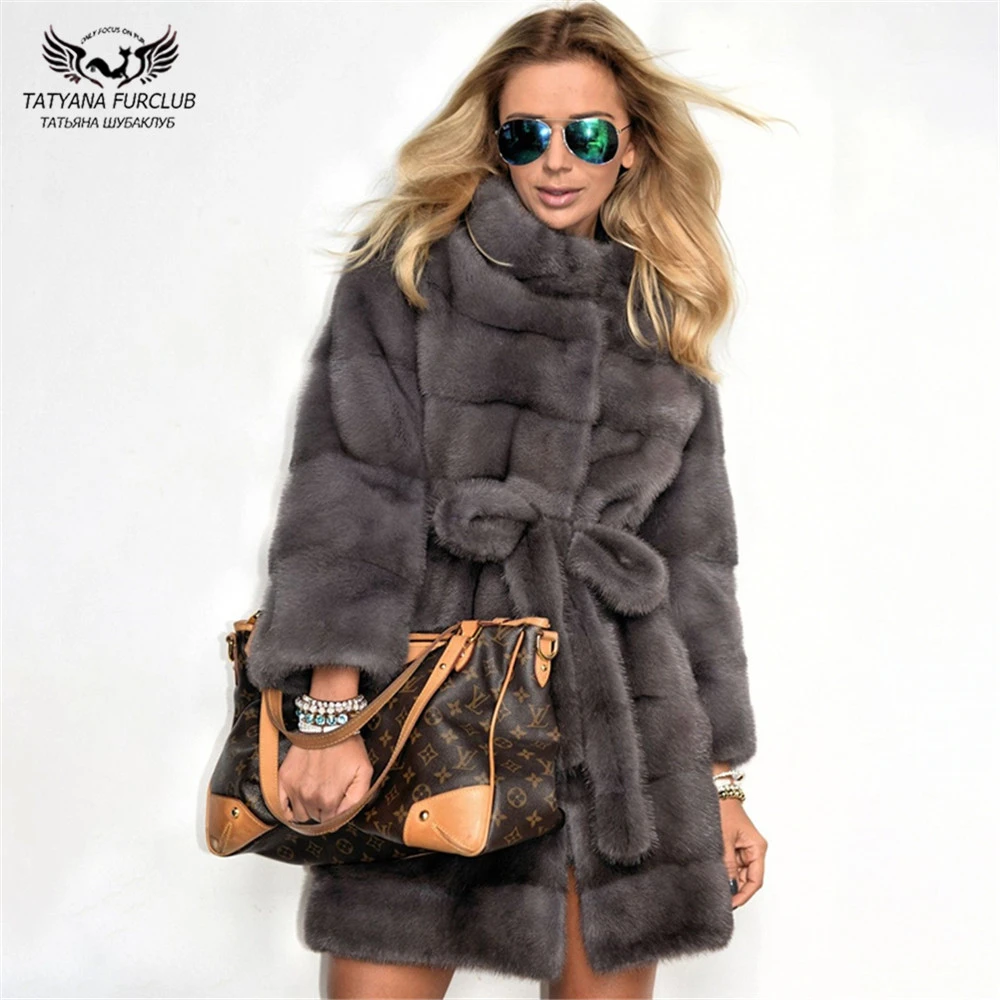 

Tatyana Furclub 2019 New Fashion Dark Grey Mink Coat With Stand Collar Medium Slim Winter Real Fur Coat Women Plus Size garment
