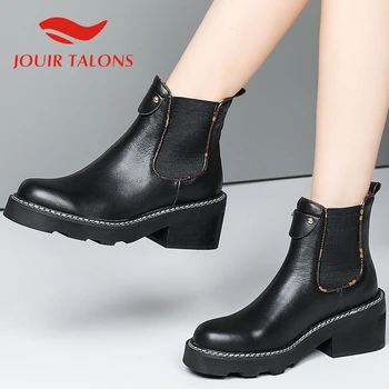 

JOUIR TALONS Luxery Brand Top Quality Shoes Woman Cow Leather Slip-On Square Thick Heels Ankle Autumn Winter Female Boots