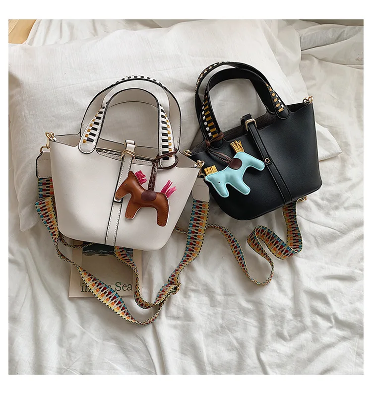 Women's Fashion Composite Bag 2pcs Female Leather Handbags Top Handle Bucket Bags Colorful Strap Crossbody Bag With Horse Tassel (50)