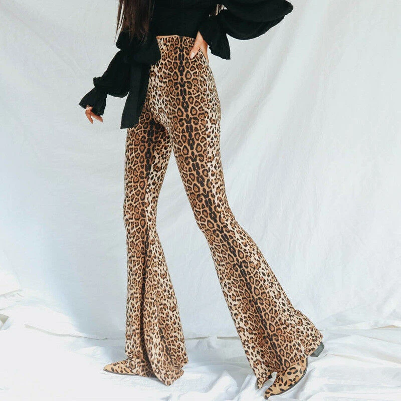 

Women Chic Leopard Flare Pants Plus SIze High Waist Stretchy Slim Fit Long Pants Women Casual Streetwear Autumn Trouser Hot Sexy