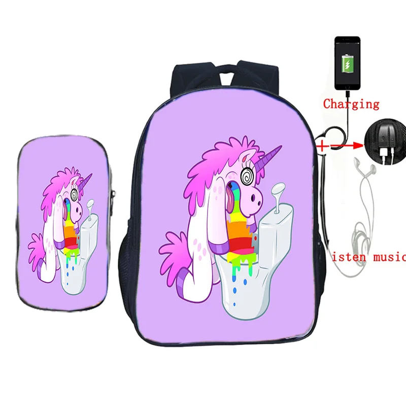 2 шт./компл. Kawaii Единорог школьная сумка USB зарядка мочилы для подростков мальчиков девочек ежедневный рюкзак дорожные сумки - Цвет: 20