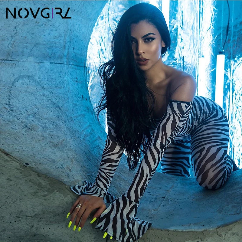 

Novgirl Zebra Print Night Club Party Jumpsuit Women 2019 Autumn Flare Sleeve Off Shoulder Skinny Rompers Fashion Animal Overalls