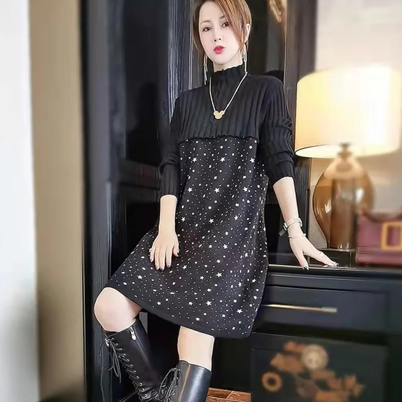 

Knitted Dress Autumn and Winter Half High Collar Thick Black Sweater Dresses Female Long Sleeve Warm A-Line Sexy Knit Dress