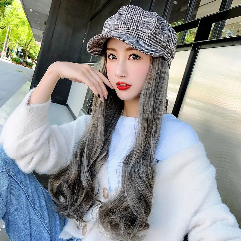 as picture Beret Cap with Wigs Hats Hair Synthetic Short Hair Hat for Women - Цвет: as picture