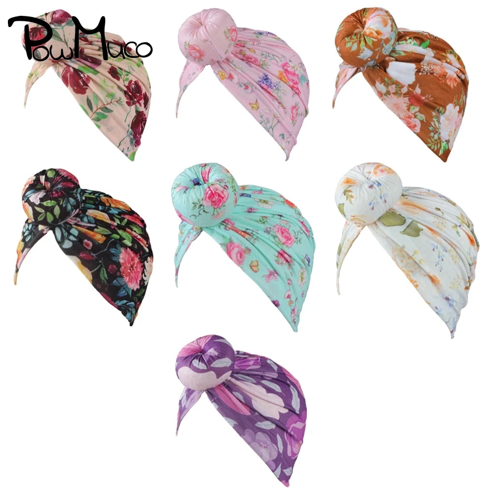 

Powmuco 22*19 CM Colorful Print Round Ball Children Hats Cute Flowers Pattern Donut Newborn Caps Toddler Turban Birthday Gifts
