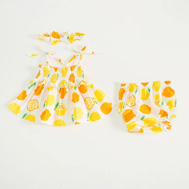 Комплект летней одежды из 3 предметов для маленьких девочек модный комплект одежды на подтяжках с принтом лимона+ штаны+ повязка на голову комплект одежды для малышей