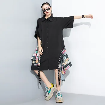 

Spring Autumn 2020 Women Black Pattern Printed Irregular Dress Casual Lapel Long Sleeve Knee Length Midi Dress Big Size
