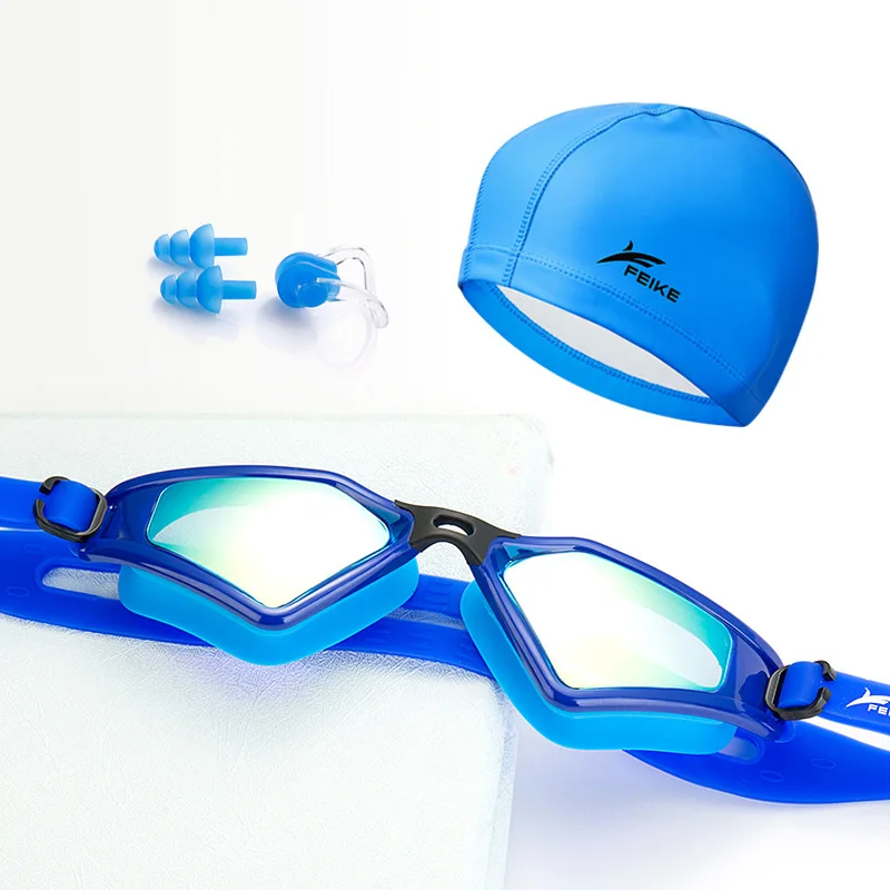 

High-definition Waterproof Anti-fog Colorful Electroplated Swimming Glasses Big Box Goggles with Swimming Cap Earplug Nasal Spli