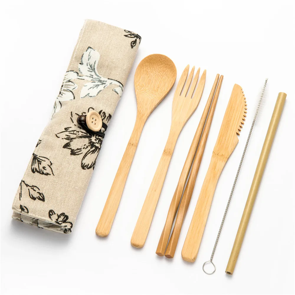 Eco-friendly Travel Reusable Portable Bamboo Cutlery Set Spoon Fork Chopstick Sets 6pcs/set Straw Kitchen Food Dinnerware Set - Цвет: 7pcs set004