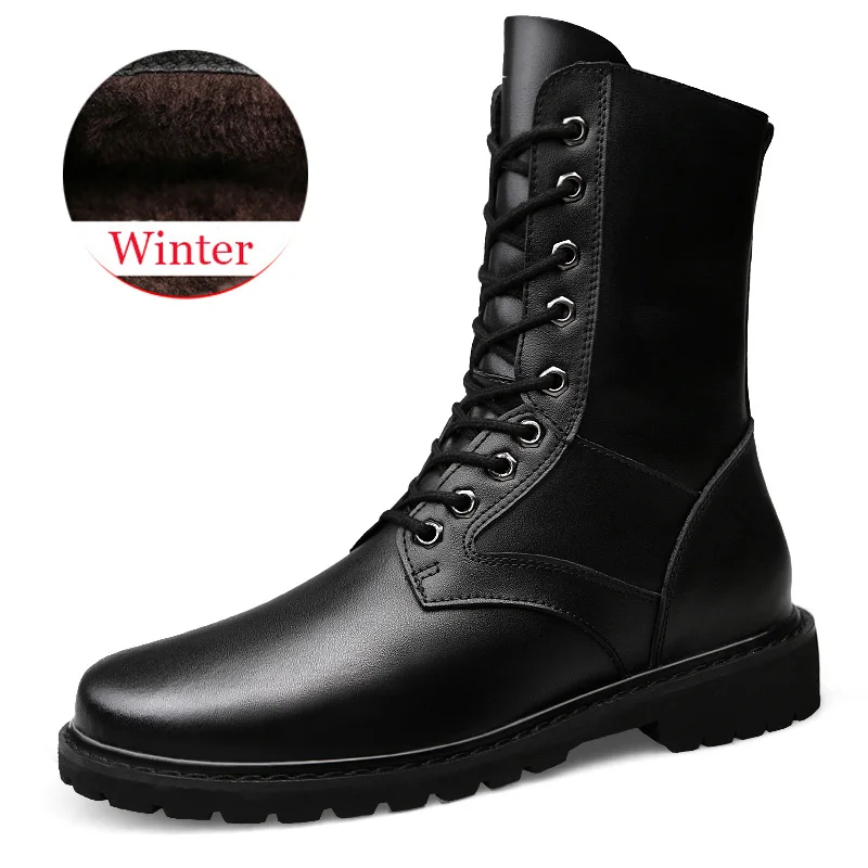 Black With Fur Мужские ботинки из натуральной кожи; теплые мужские зимние ботинки на меху; модная зимняя обувь; высокие сапоги; большие размеры; рабочие ботинки - Цвет: Black With Fur