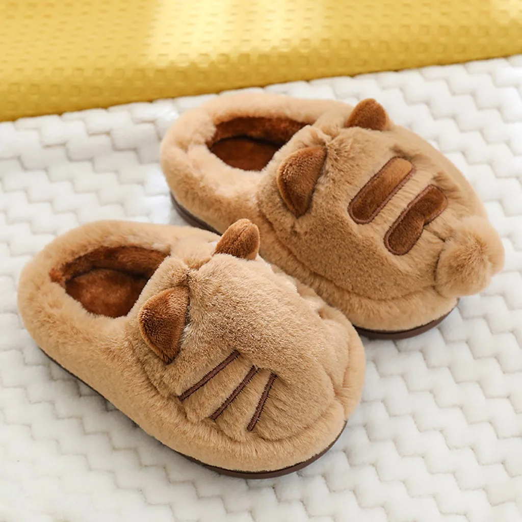 Children Kids Baby Girls Boys Toddler Slippers Cute Indoor Cat Flock Winter Warm Shoes Warm Plush Slippers Home Chausson Enfant