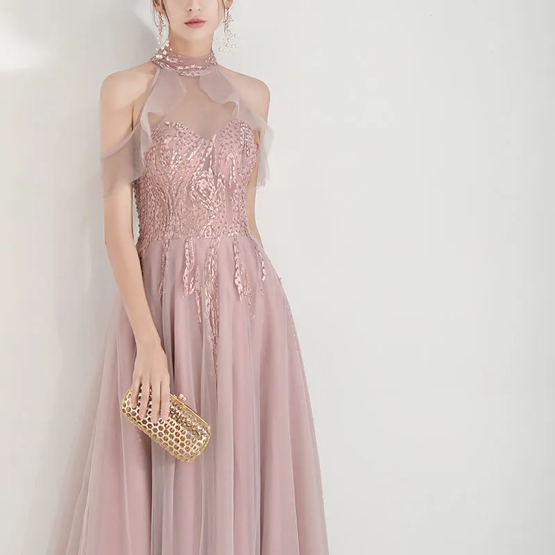 SSYFashion New Sweet Pink Evening Dress Sexy Halter Lace Appliques Floor-length Long Prom Formal Gowns Vestido De Noche