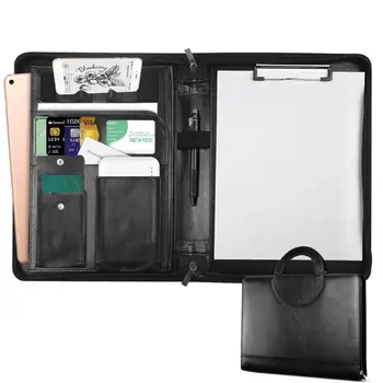 

NEWYES Zippered Leather Portfolio Multifunctional Business Files Organiser with Pockets Card Holders Storage Bag School Office