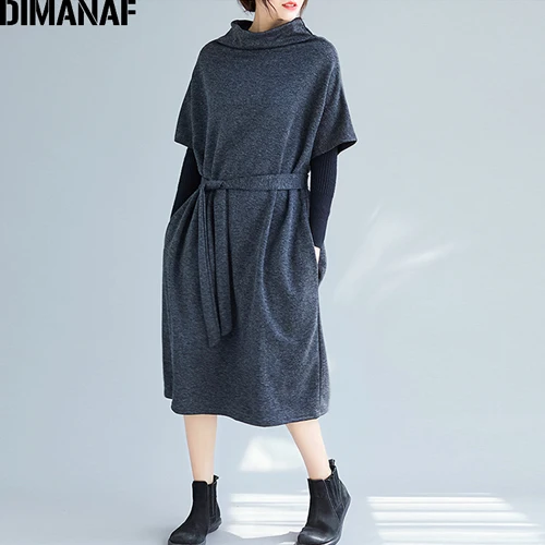 Senye99117CN-hui DIMANAF, женское платье размера плюс, зимнее, толстое, вязанное, шерсть, водолазка, Vestidos, винтажное, женское, Elegnat, рукав летучая мышь, свитер, платье - Цвет: Senye99117CN-hui