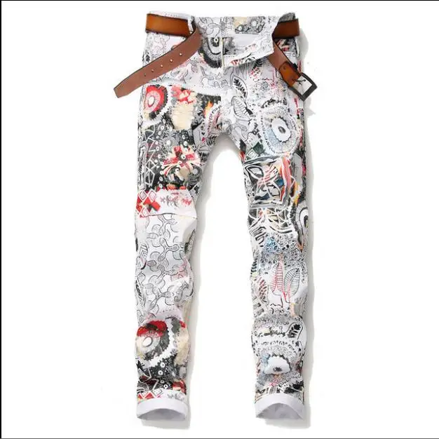 Мужские узкие брюки-карандаш с цветочным принтом, повседневные эластичные мужские белые узкие джинсовые брюки с 3D принтом листьев, большие размеры, джинсы J3039 - Цвет: as the picture
